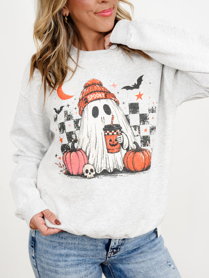 Plus/Reg Long Sleeve Bats and Coffee Ghost Halloween Graphic Sweatshirt - Freckled Poppy