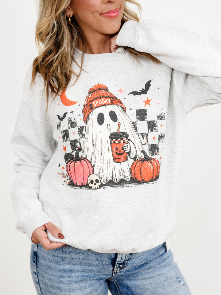 Plus/Reg Long Sleeve Bats and Coffee Ghost Halloween Graphic Sweatshirt - Freckled Poppy