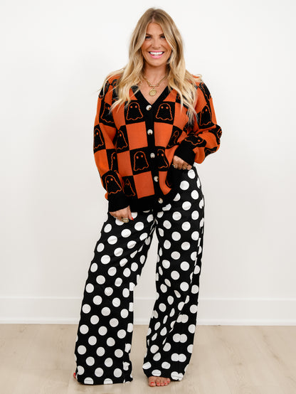 Halloween Ghost Checkered Button Down Sweater Cardigan