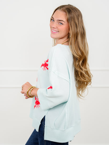 Short Sleeve Sequin Lobster Waffle Knit Top