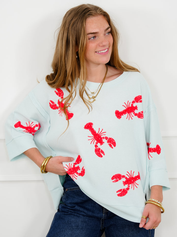 Short Sleeve Sequin Lobster Waffle Knit Top