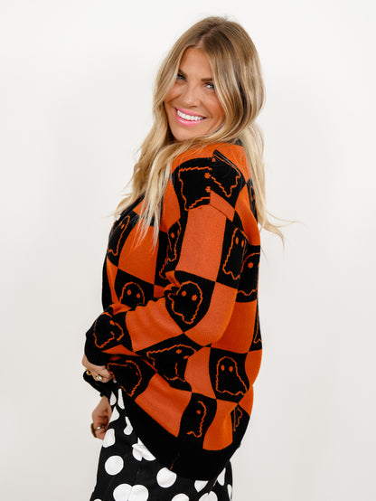 Halloween Ghost Checkered Button Down Sweater Cardigan