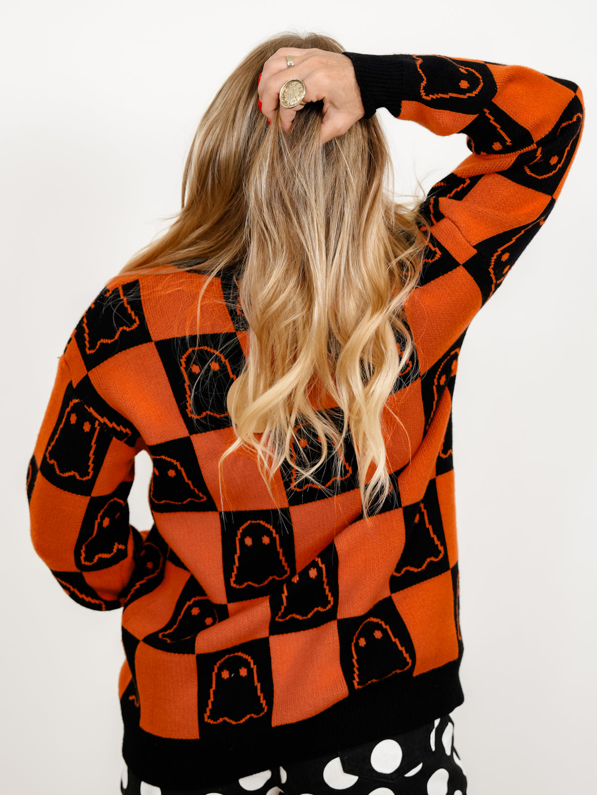 Halloween Ghost Checkered Button Down Sweater Cardigan
