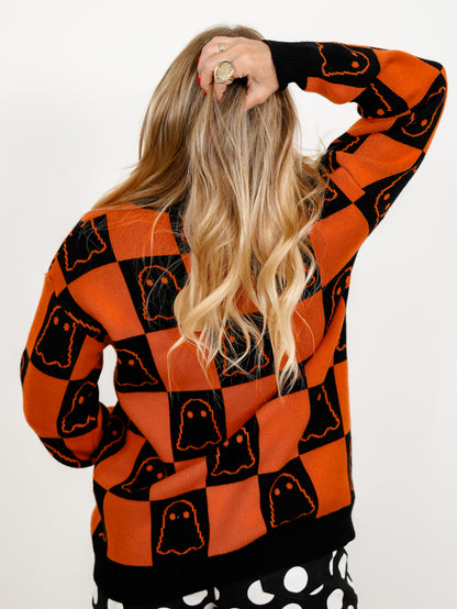 Halloween Ghost Checkered Button Down Sweater Cardigan