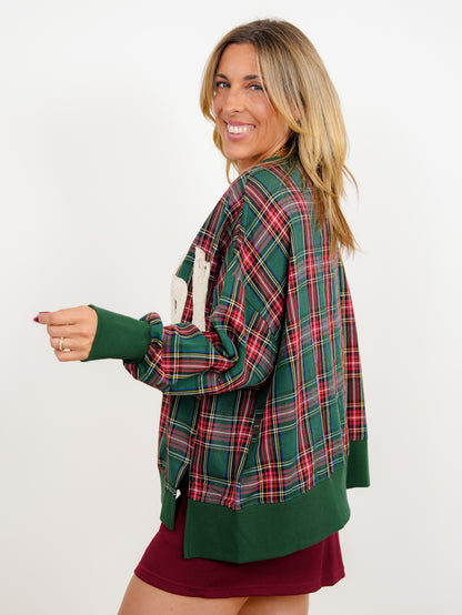 Plus/Reg Merry Sherpa Applique Plaid Long Sleeve Pullover