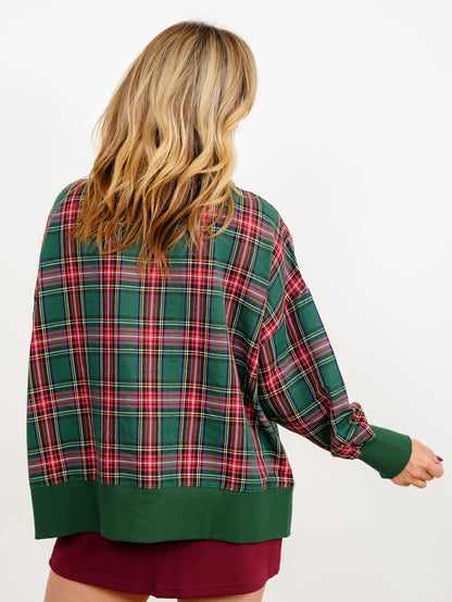Plus/Reg Merry Sherpa Applique Plaid Long Sleeve Pullover