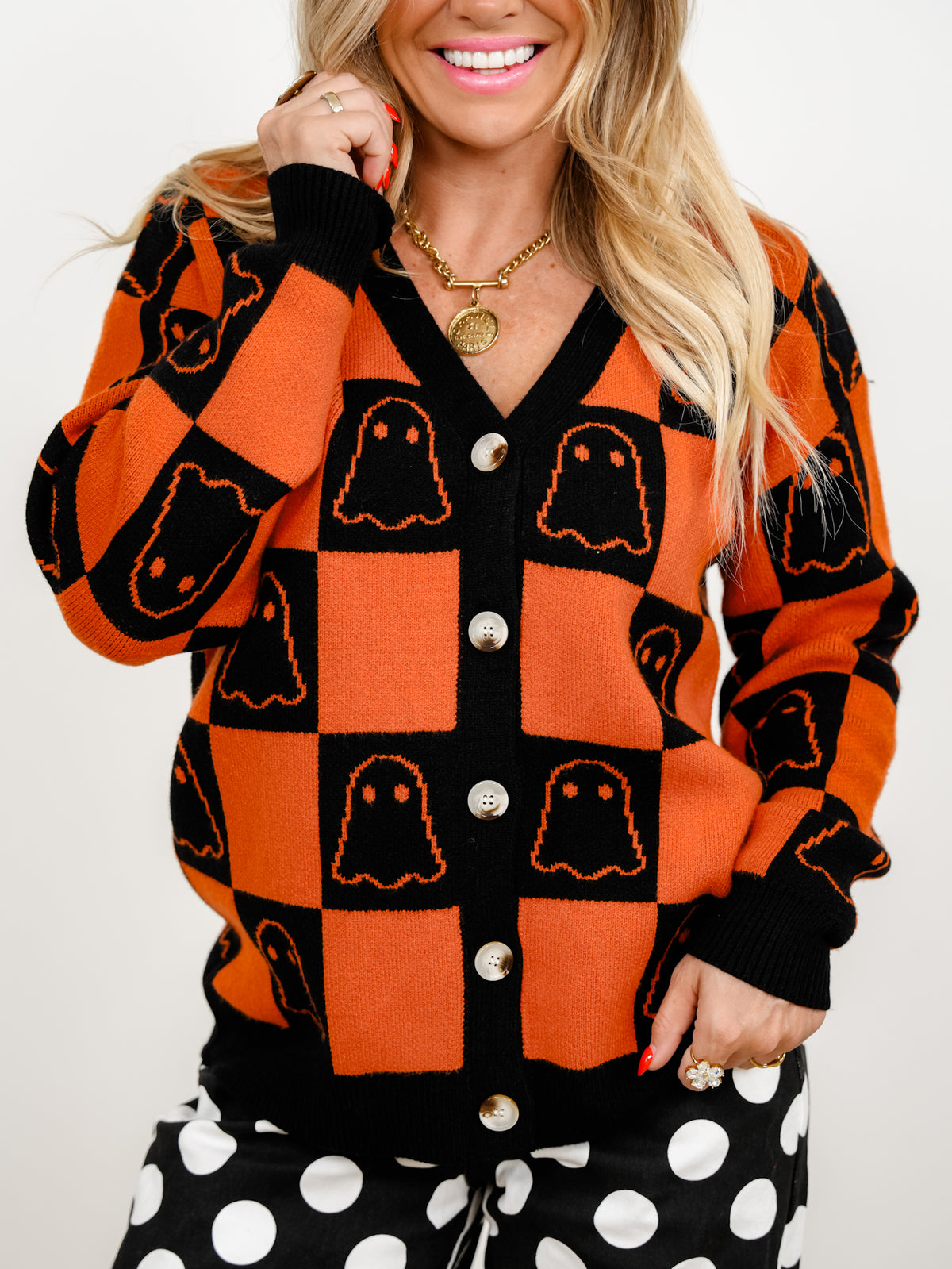 Halloween Ghost Checkered Button Down Sweater Cardigan