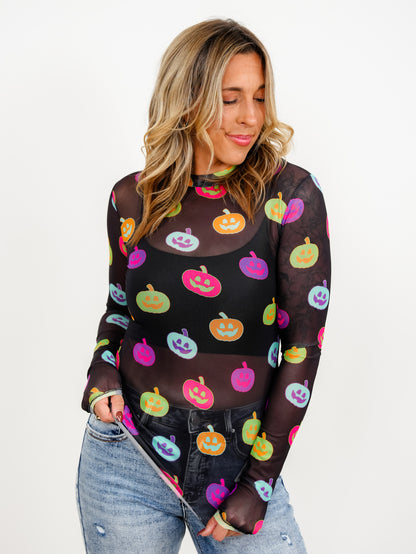 Plus/Reg Long Sleeve Colorful Pumpkins Mesh Top