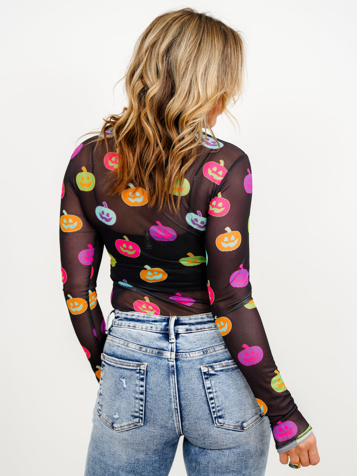 Plus/Reg Long Sleeve Colorful Pumpkins Mesh Top