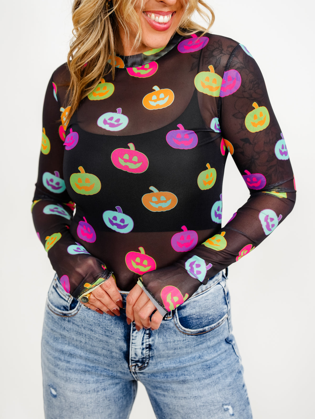 Plus/Reg Long Sleeve Colorful Pumpkins Mesh Top