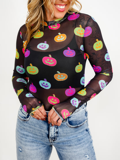 Plus/Reg Long Sleeve Colorful Pumpkins Mesh Top