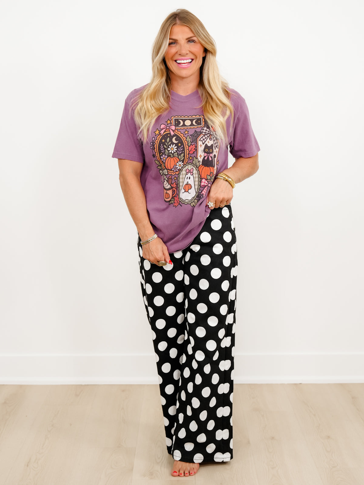 Plus/Reg Short Sleeve Antique Vibe Halloween Cat and Pumpkin Graphic Tee