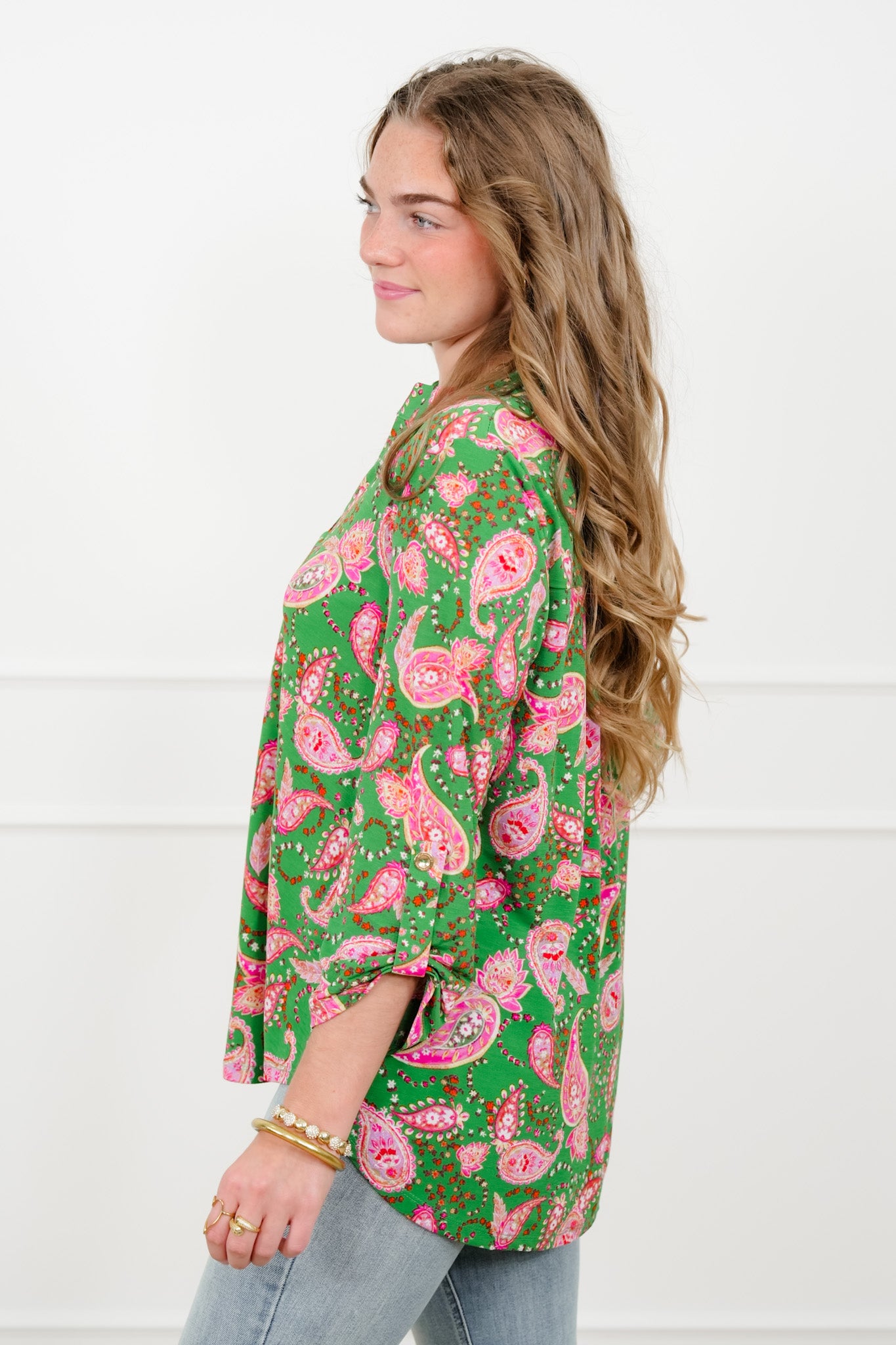 Plus/Reg Green Paisley Print Split Neck Tunic Top