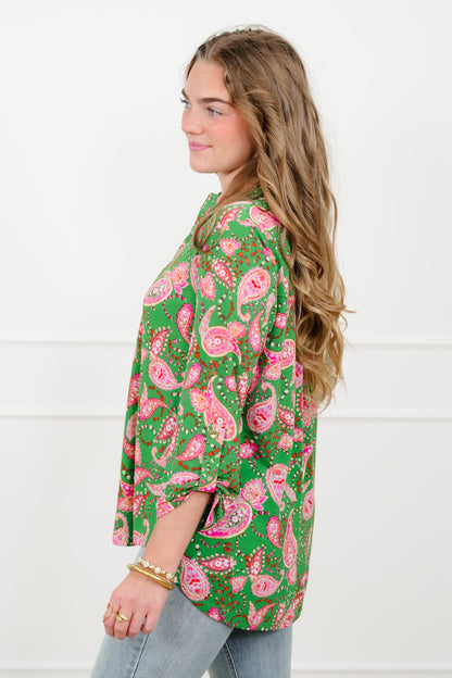 Plus/Reg Green Paisley Print Split Neck Tunic Top