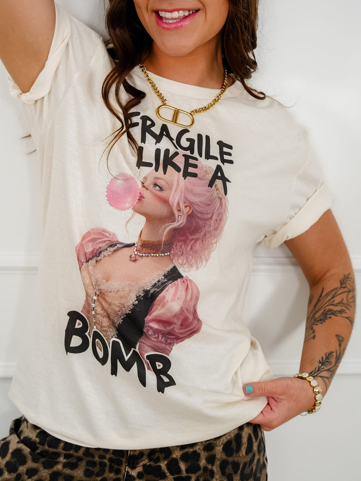 Plus/Reg Short Sleeve "Fragile Like a Bomb" Graphic Tee with Rhinestones
