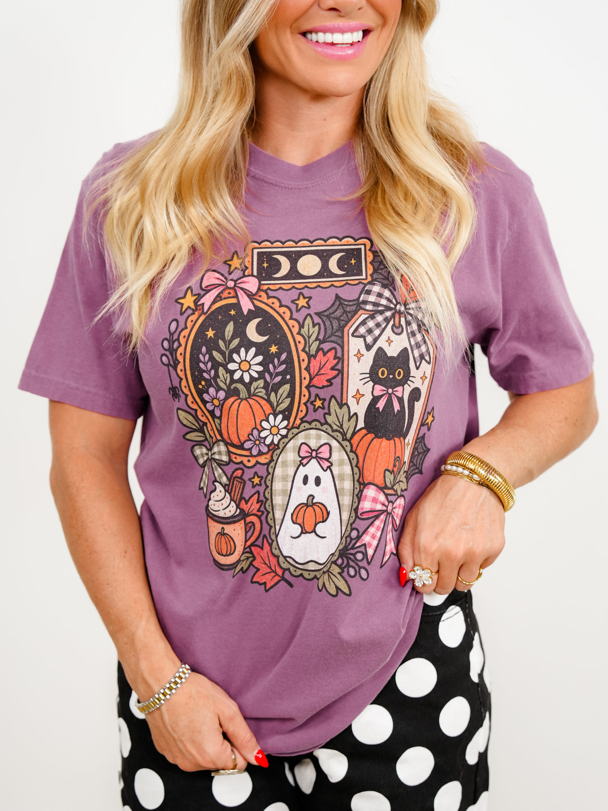 Plus/Reg Short Sleeve Antique Vibe Halloween Cat and Pumpkin Graphic Tee