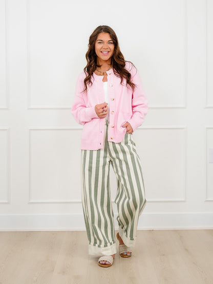 Pink Long Sleeve Button Down Cardigan With Pockets