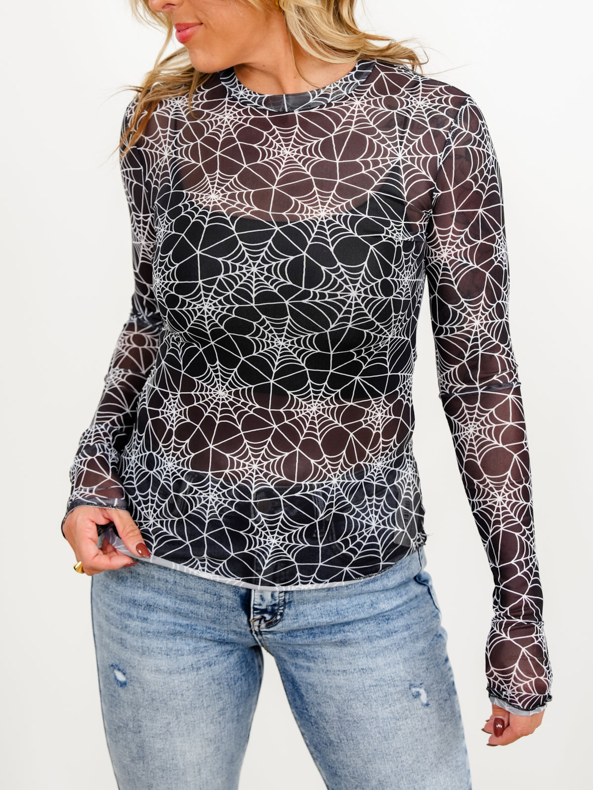 Plus/Reg Long Sleeve Spider Web Print Mesh Top