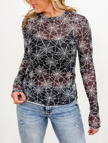 Plus/Reg Long Sleeve Spider Web Print Mesh Top