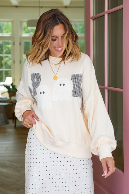 Long Sleeve Crew Neck "Spooky" Sweatshirt With Ghosts
