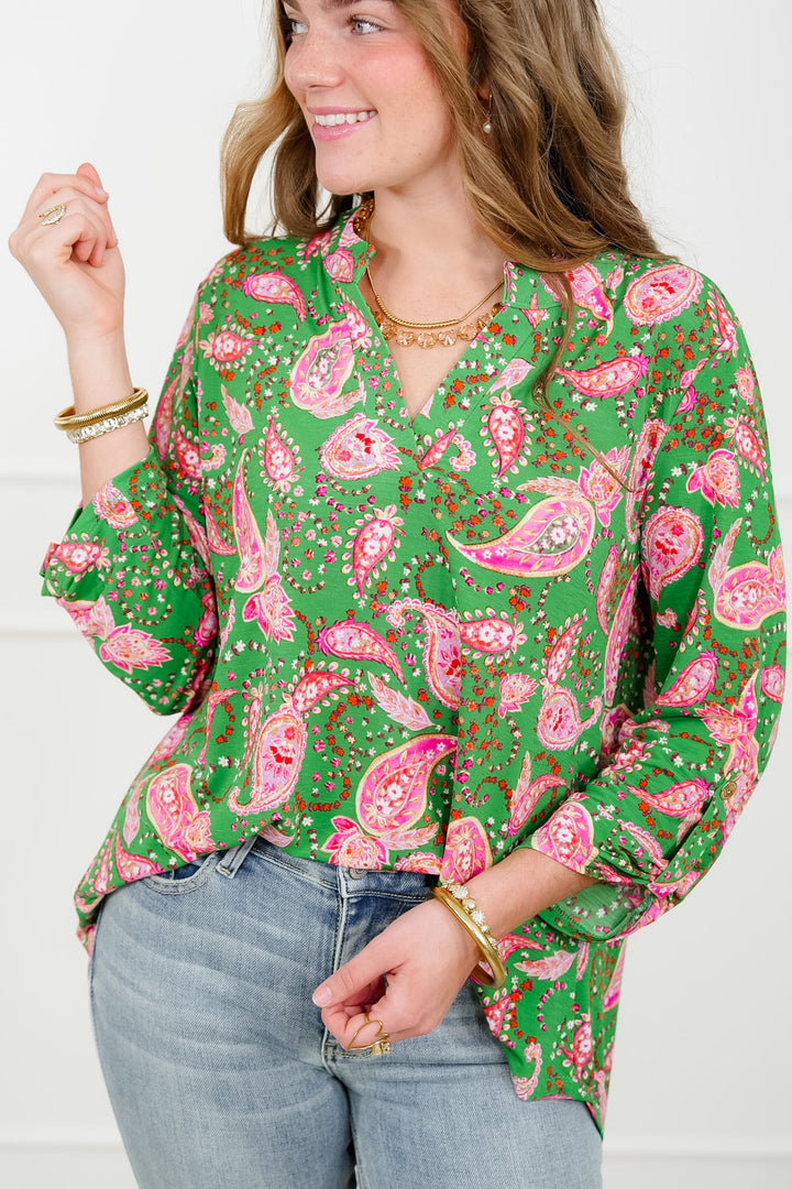 Plus/Reg Green Paisley Print Split Neck Tunic Top