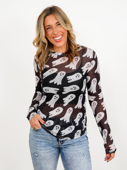 Plus/Reg Halloween Ghosts Long Sleeve Mesh Top