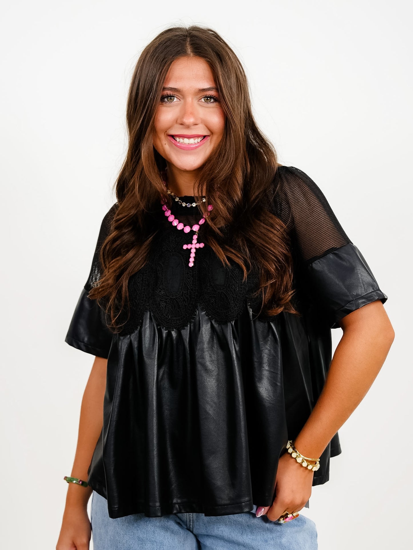 Vegan Leather and Lace Short Sleeve Baby Doll Top