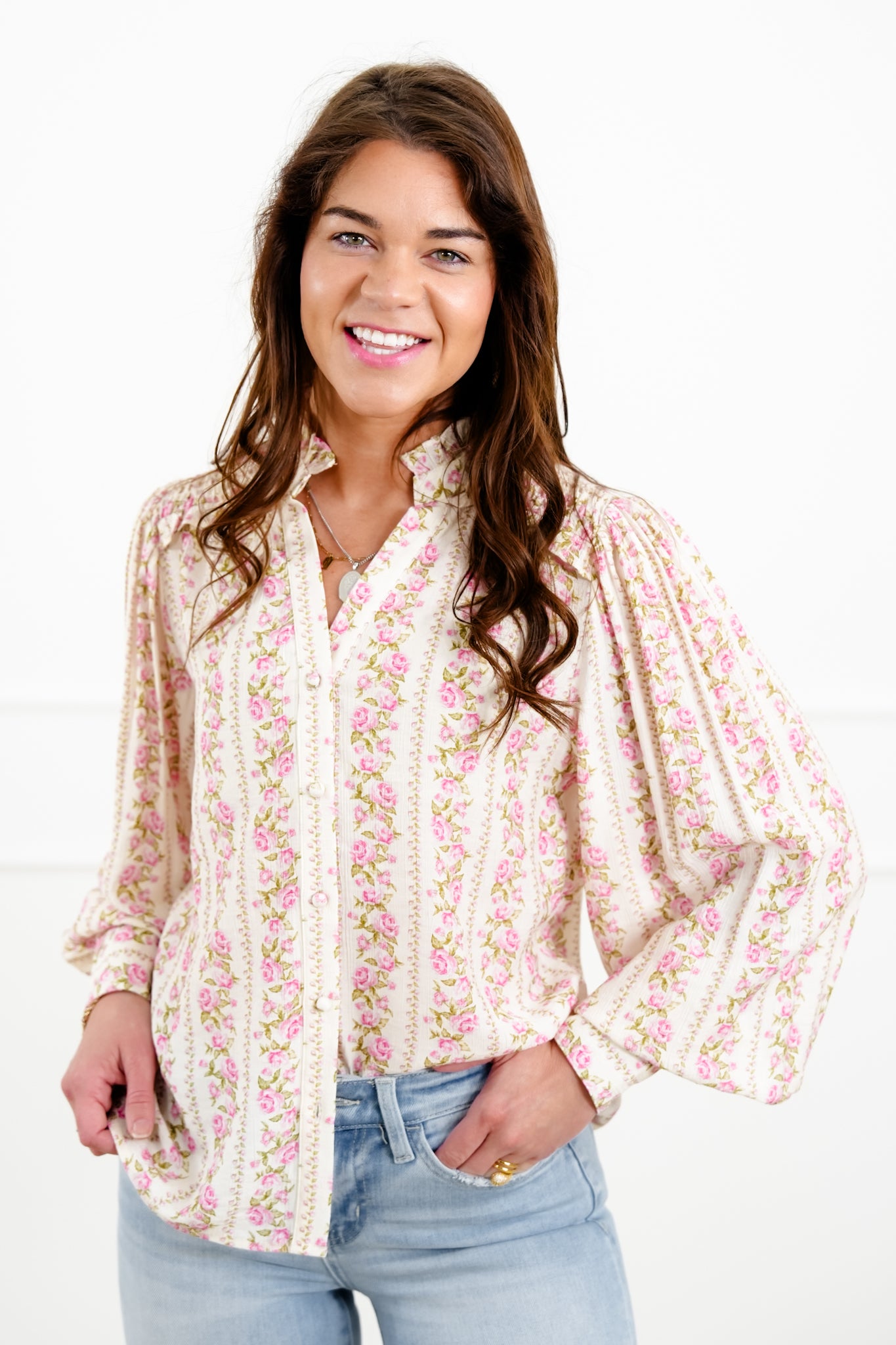 Floral Print Long Sleeve Button Down Blouse