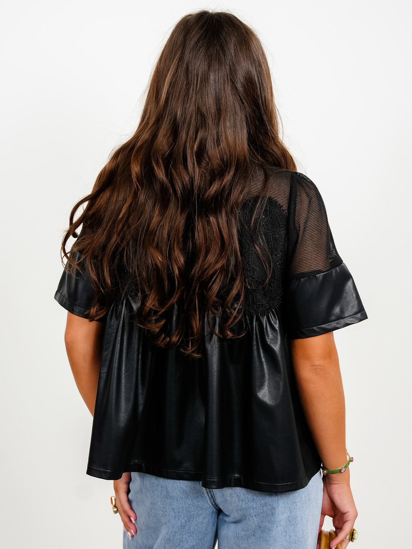Vegan Leather and Lace Short Sleeve Baby Doll Top