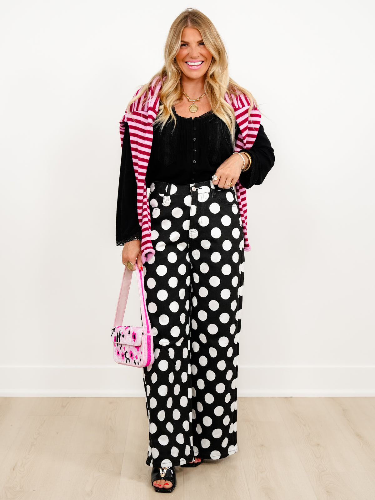Plus/Reg Polka Dot High Waist Wide Leg Pants