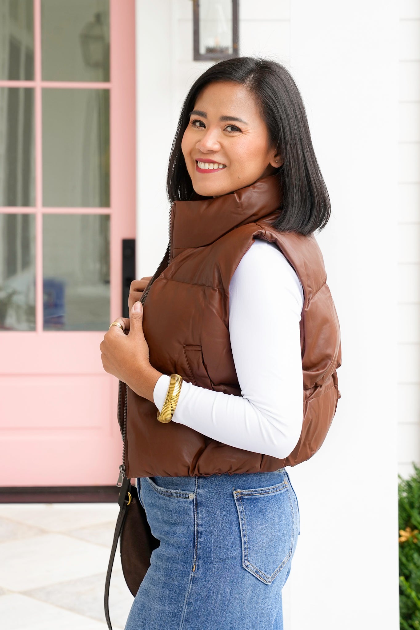 Vegan Leather Cropped Zip-Up Puffer Vest