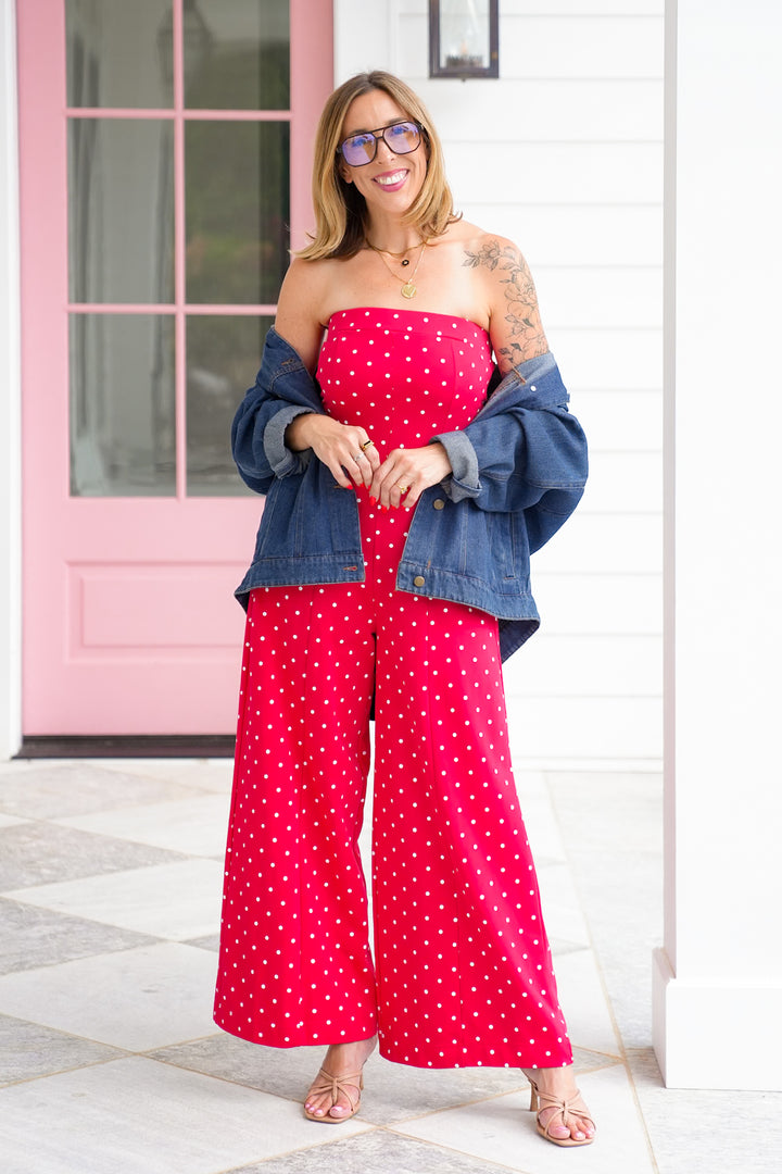 Restock! Plus/Reg Red Polka Dot Print Strapless Wide Leg Jumpsuit