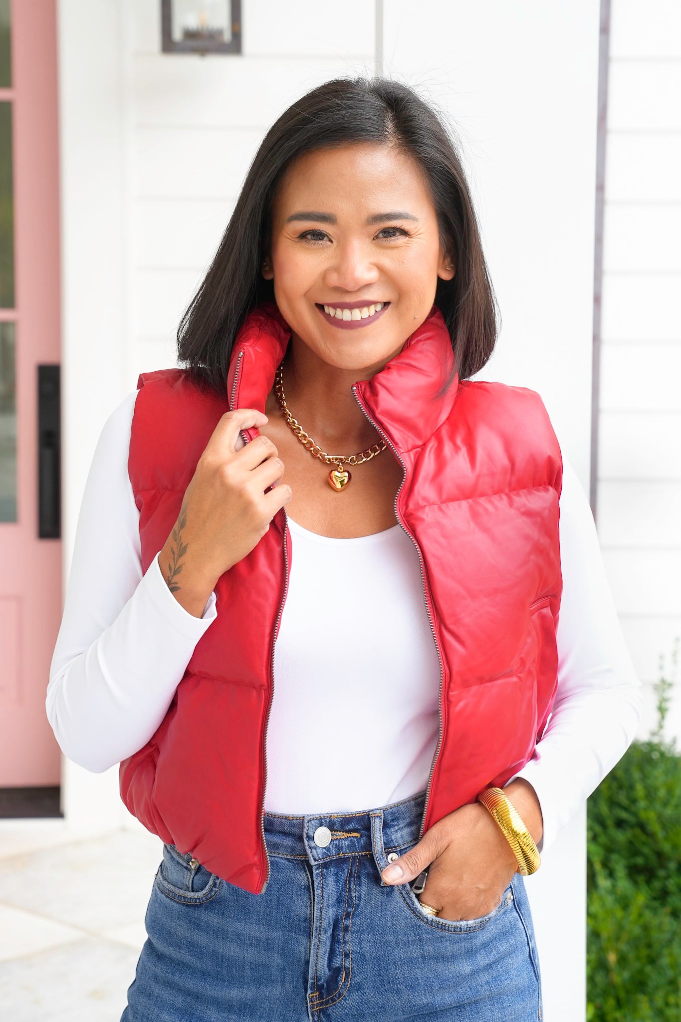 Vegan Leather Cropped Zip-Up Puffer Vest