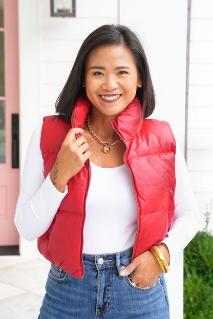 Vegan Leather Cropped Zip-Up Puffer Vest