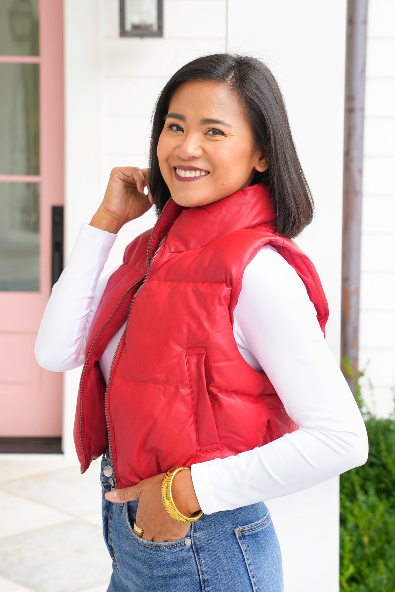 Vegan Leather Cropped Zip-Up Puffer Vest
