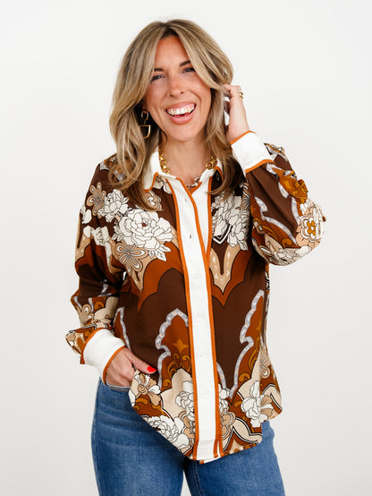 Plus/Reg Retro Printed Long Sleeve Button Down Top