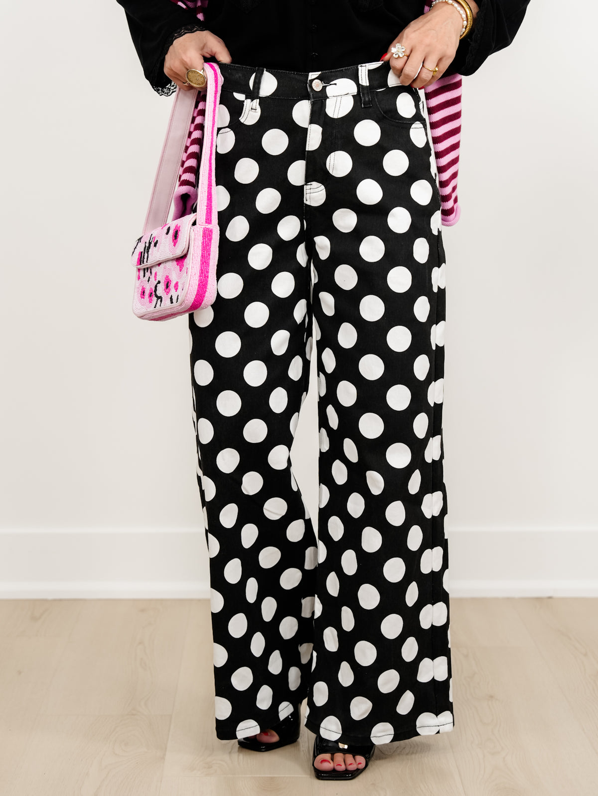 Plus/Reg Polka Dot High Waist Wide Leg Pants