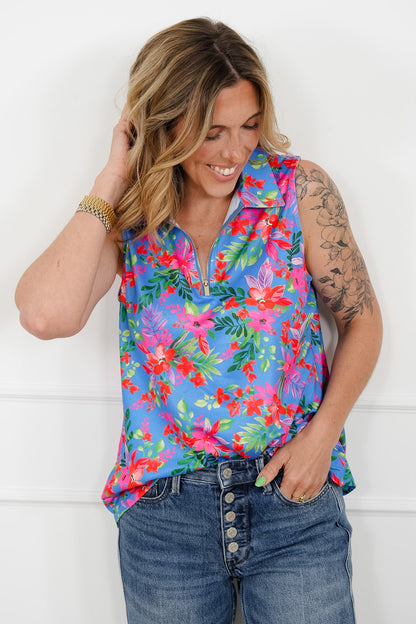 Plus/Reg Blue Floral Sleeveless 1/4 Zip Top