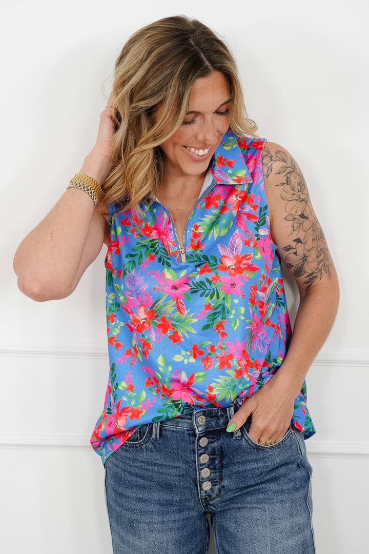 Plus/Reg Blue Floral Sleeveless 1/4 Zip Top
