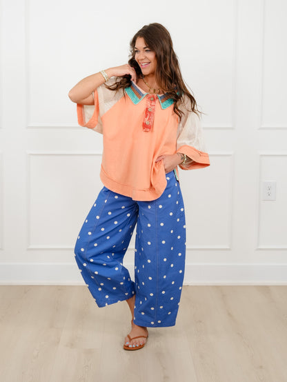 Washed Crochet Short Sleeve Collared Top
