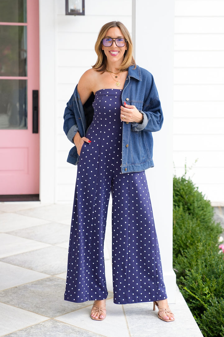Navy Polka Dot Strapless Wide Leg Jumpsuit