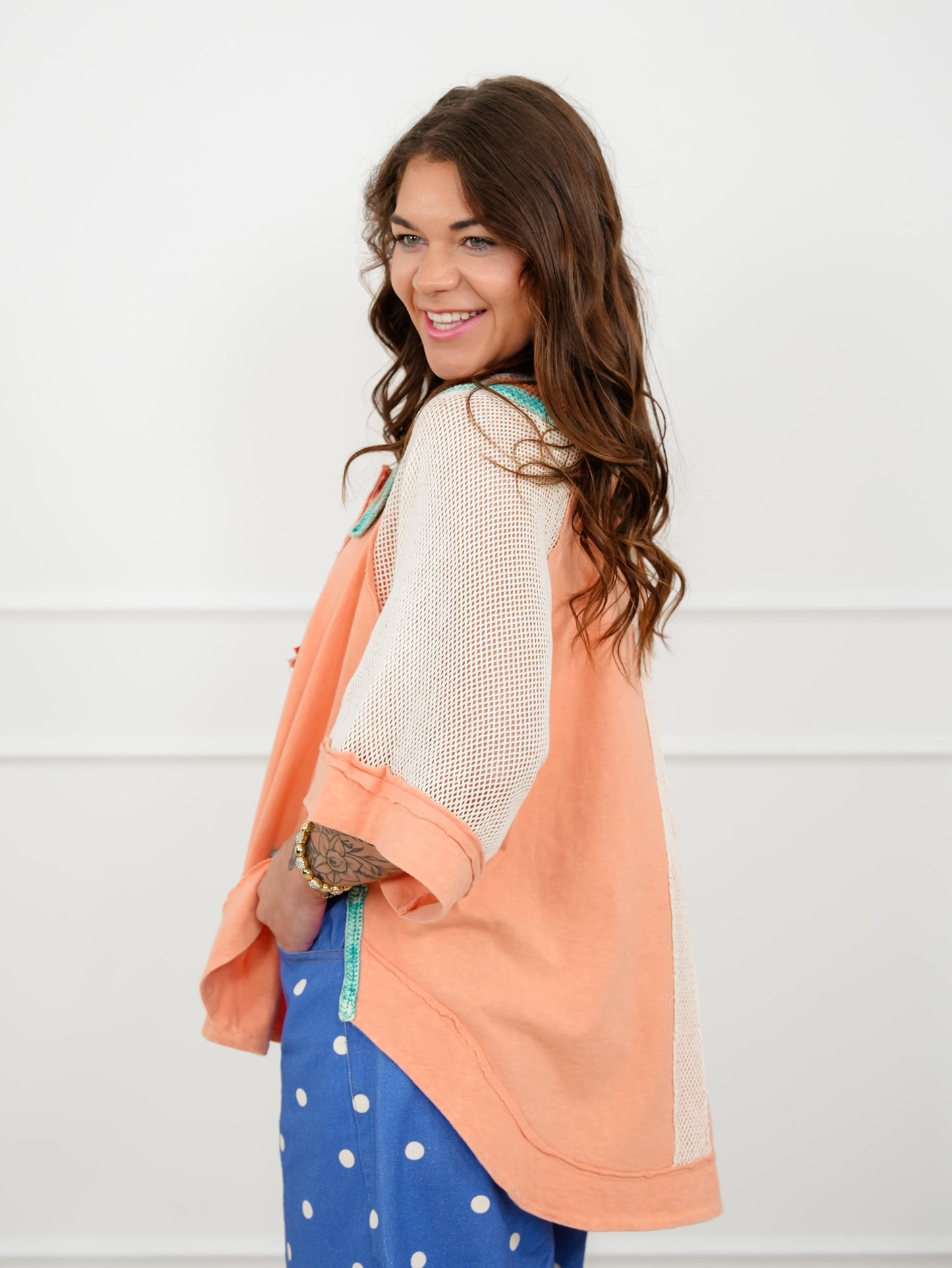 Washed Crochet Short Sleeve Collared Top