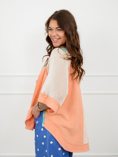 Washed Crochet Short Sleeve Collared Top