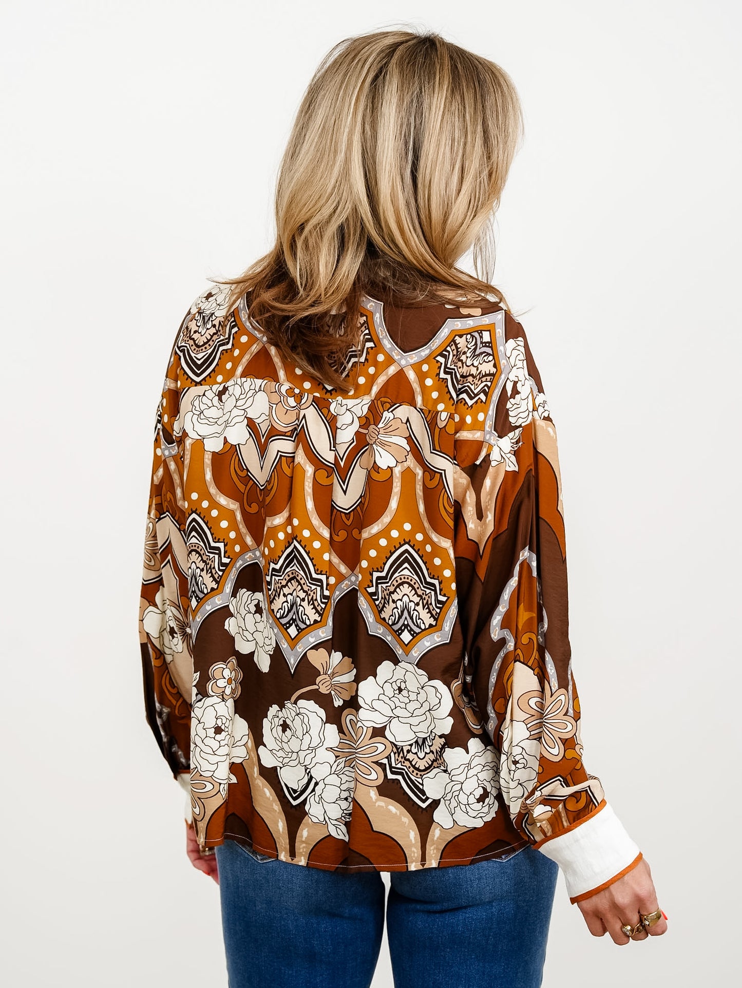 Plus/Reg Retro Printed Long Sleeve Button Down Top