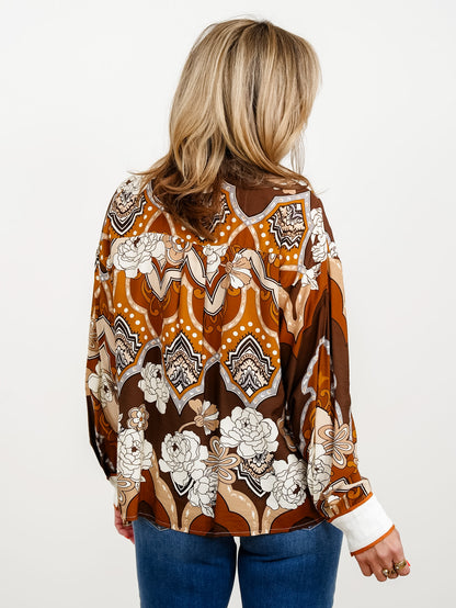 Plus/Reg Retro Printed Long Sleeve Button Down Top