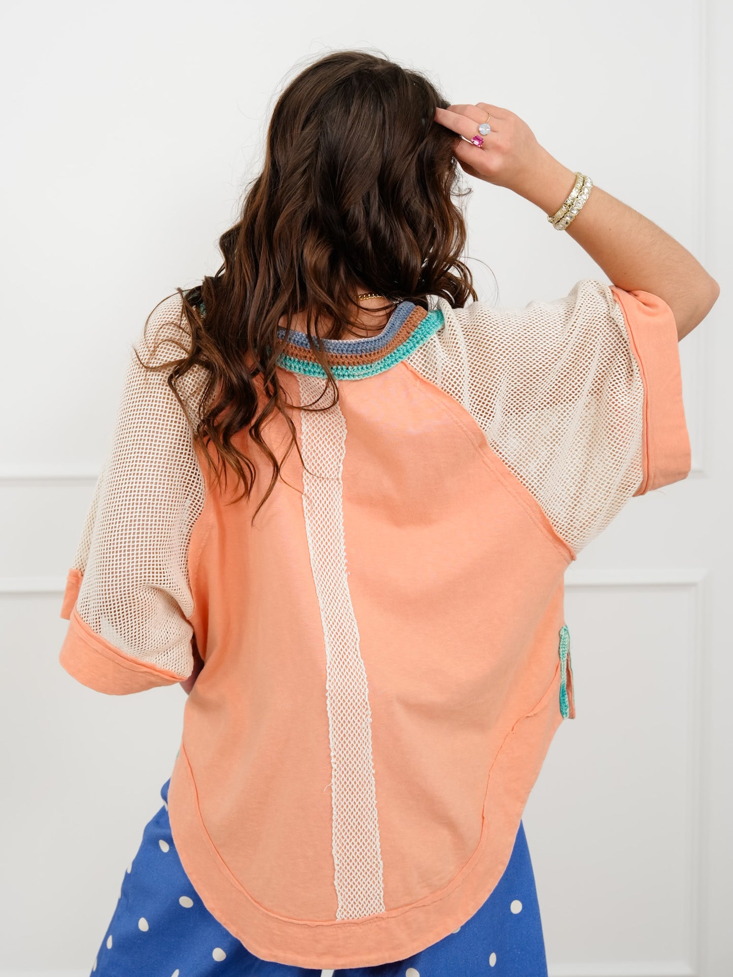 Washed Crochet Short Sleeve Collared Top