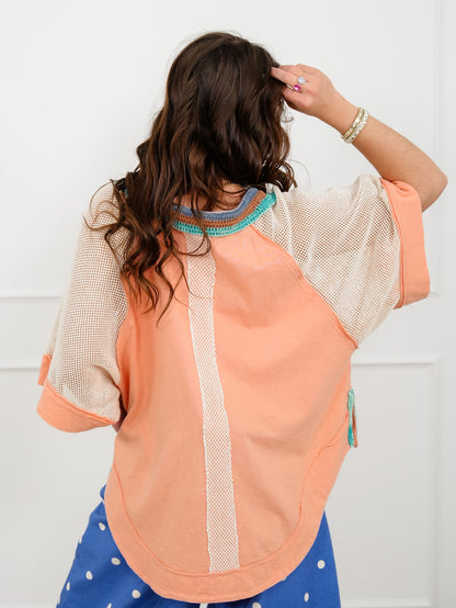 Washed Crochet Short Sleeve Collared Top