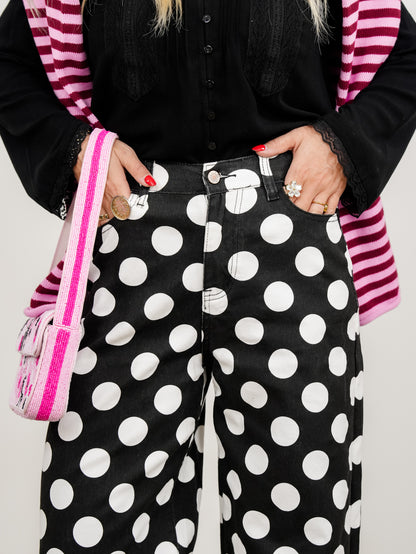 Plus/Reg Polka Dot High Waist Wide Leg Pants