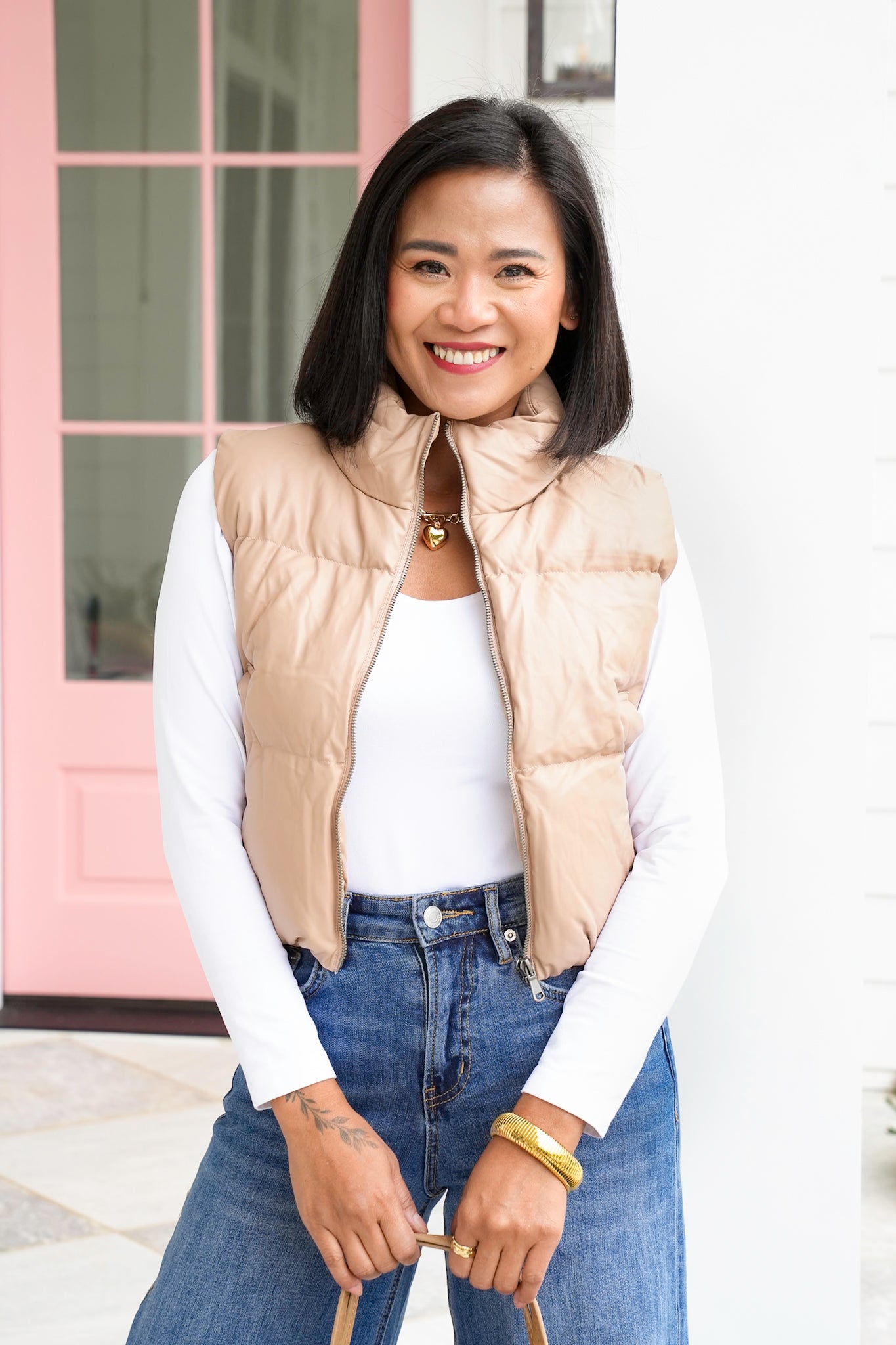 Vegan Leather Cropped Zip-Up Puffer Vest