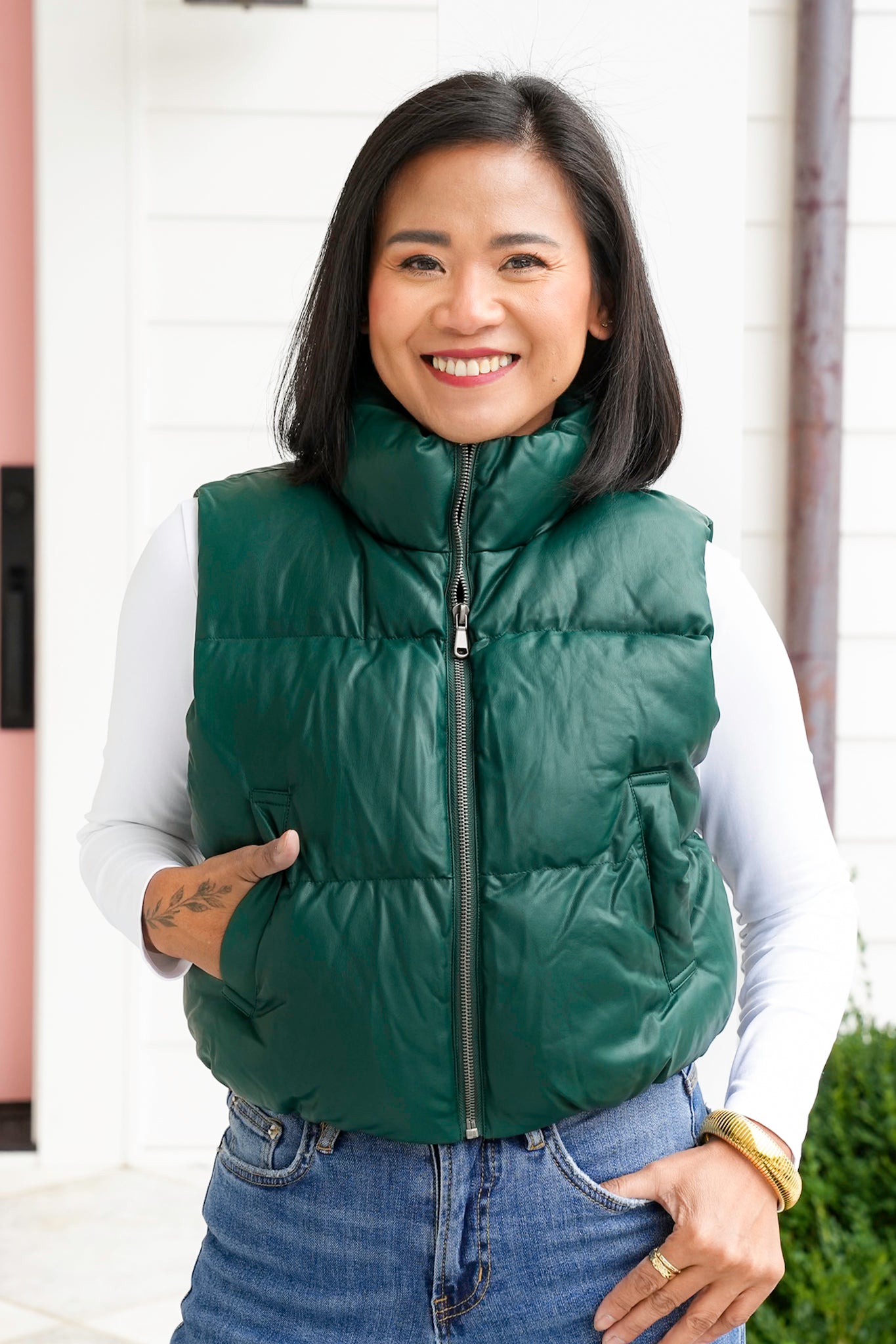 Vegan Leather Cropped Zip-Up Puffer Vest